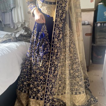 chunri boutique blue and gold Asian lengha